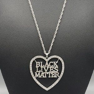 LONG SILVER HEART BLACK LIVES MATTER BLM NECKLACE